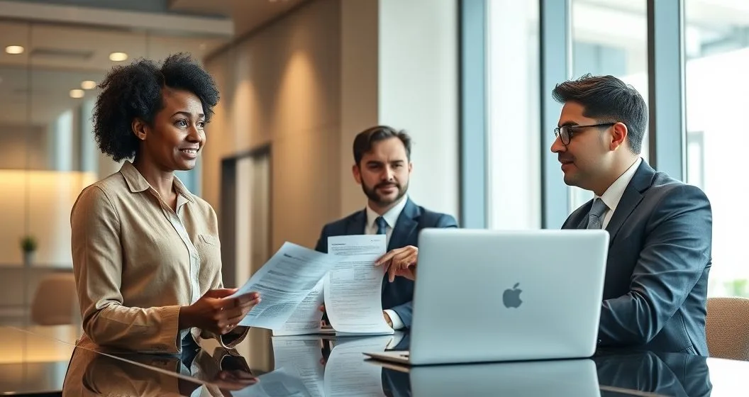 Client meets with a bank officer and tax advisor in a modern conference room reviewing bank statements and a laptop as they work to stop a bank levy