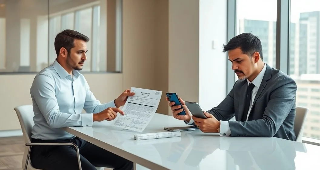 Tax professional advising client over a printed Form 12153 and a Notice of Intent to Levy at a clean conference table