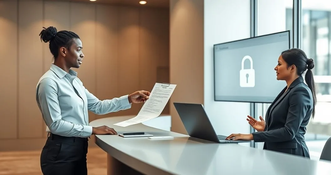 Tax attorney hands a signed release to a bank manager at a modern bank counter while a relieved client watches and a monitor shows an unlocked padlock icon