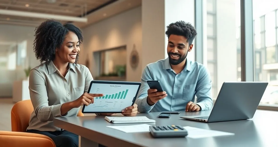 Financial advisor and borrower reviewing loan options on a tablet while borrower makes a payment on a smartphone at a minimalist table