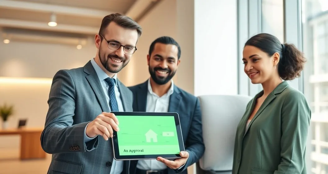 Mortgage advisor and diverse couple at a minimalist bank office reviewing a tablet showing a green check and a house icon representing a streamlined refinance approval.