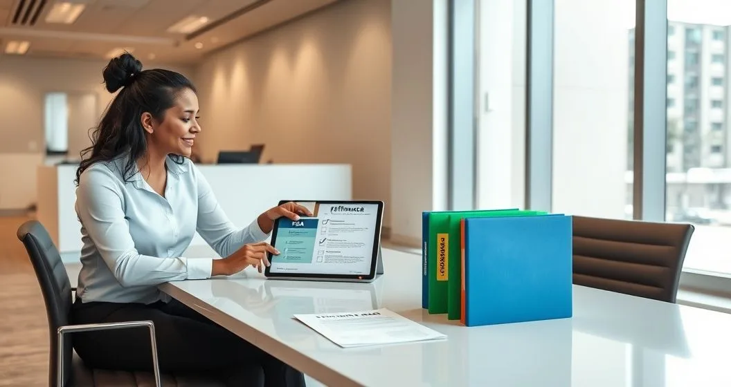 Loan officer shows a streamlined refinance checklist on a tablet to a diverse couple with folders labeled FHA VA USDA on a clean conference table