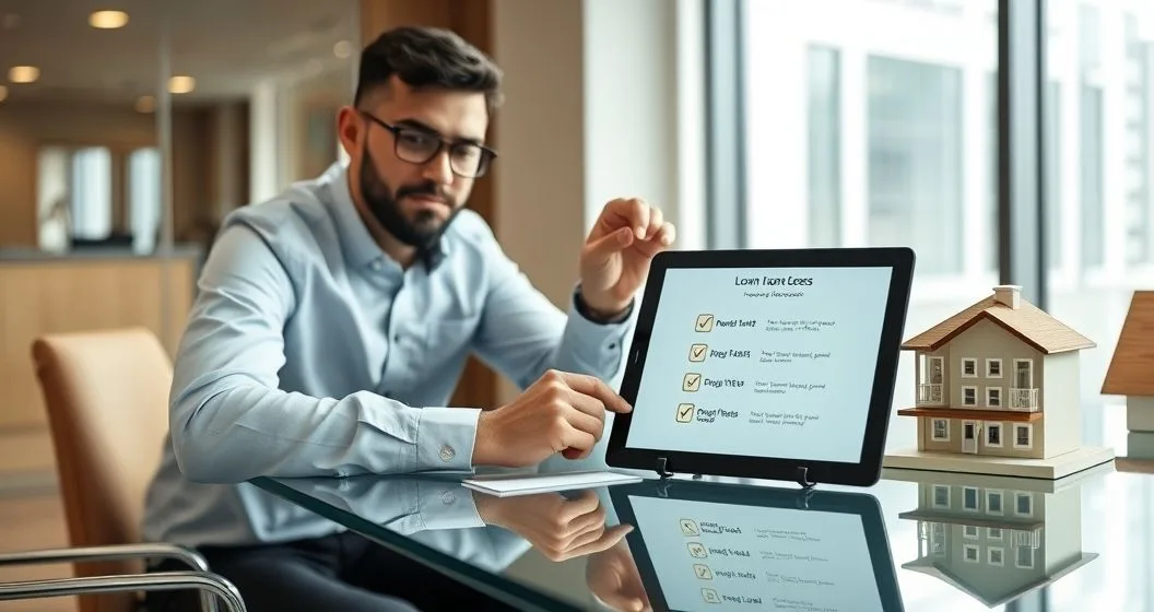 Investor and mortgage advisor reviewing a tablet with a simple loan progress graphic and an apartment model on a glass conference table in a modern office