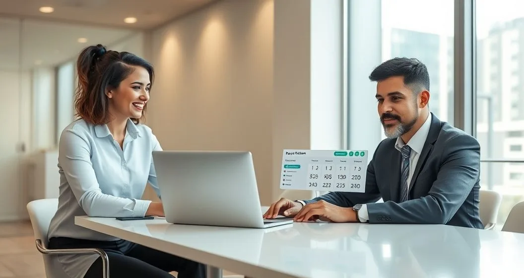 Tax advisor and client reviewing an online payment plan for low balance tax debt on a laptop in a modern office