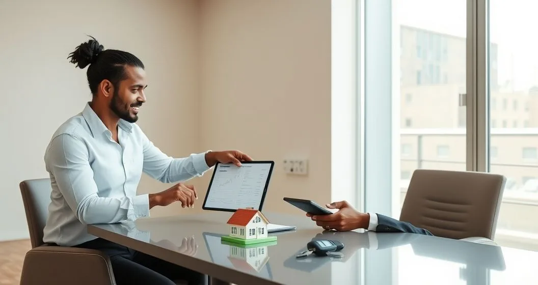 Tax advisor and client reviewing tablet with income and expense charts and small models of a house and car on the table representing asset equity