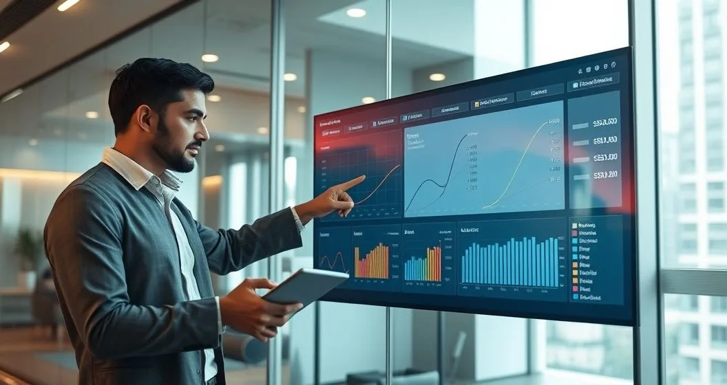Two diverse financial professionals in a modern office examining a touchscreen dashboard with stress test charts and scenario graphs