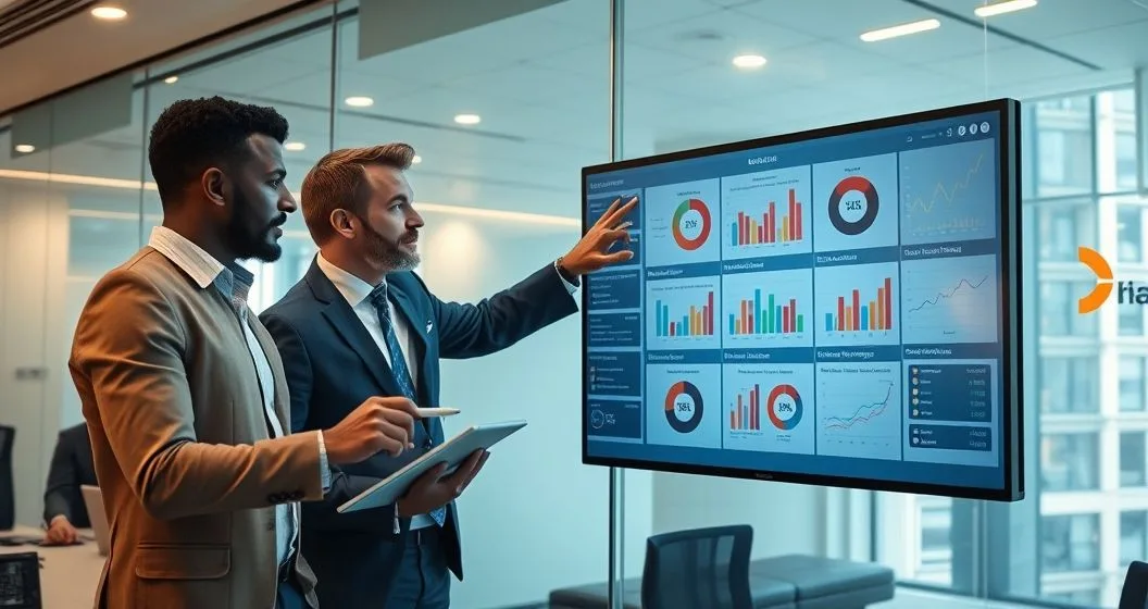 Three diverse finance professionals in a glass conference room review a large dashboard of charts and gauges representing stress testing of loan portfolios. One points at the screen and another annotates a tablet as they discuss risk impacts.
