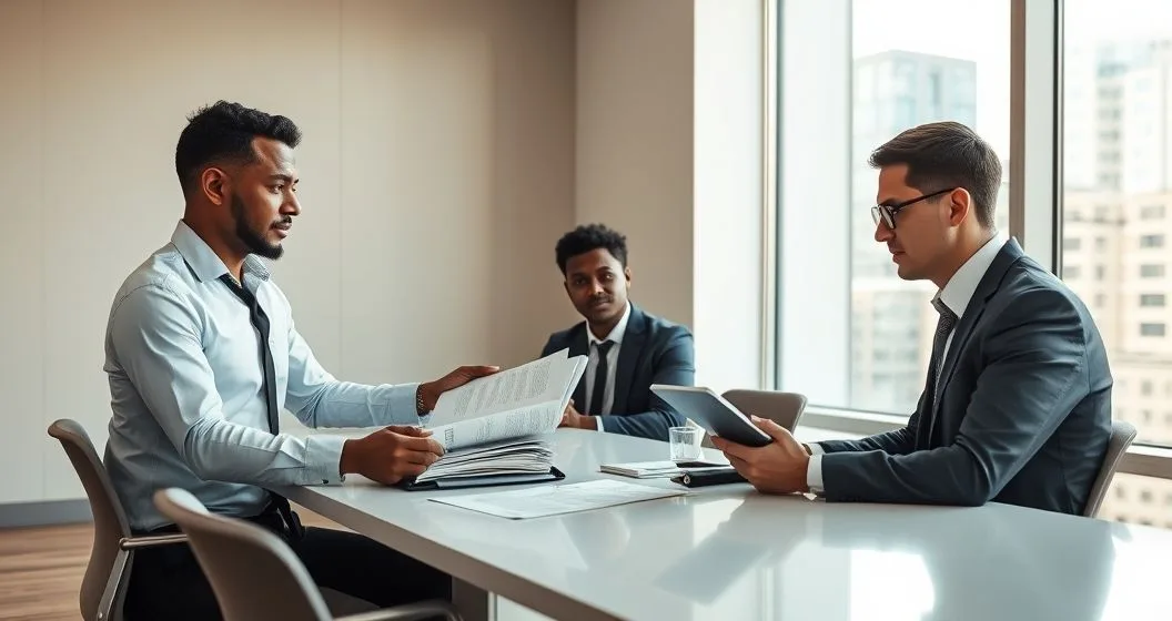 Tax attorney presenting a neat binder of new evidence to an IRS appeals officer across a conference table while a client observes
