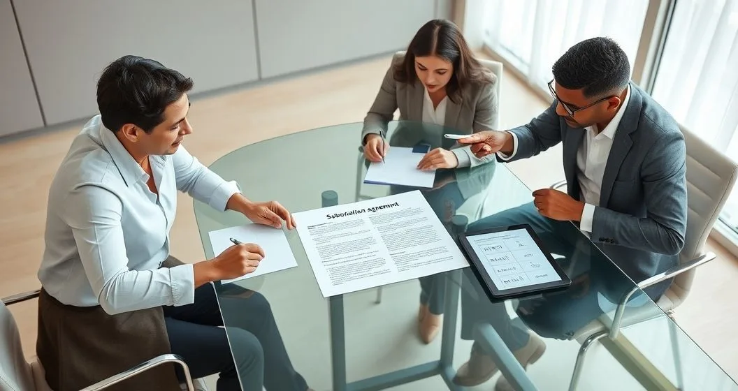 Three diverse professionals reviewing and signing a subordination agreement at a glass conference table with a tablet showing a priority chart