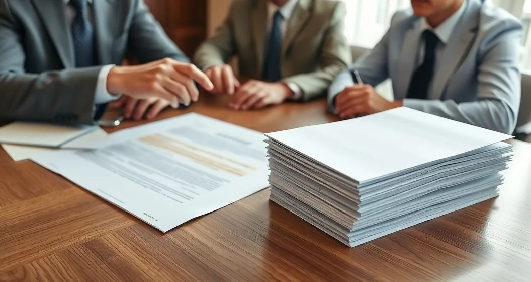 A lawyer points to a contract clause while a banker and homeowner look on, stacked deed folders show one placed above the other to indicate changed lien priority