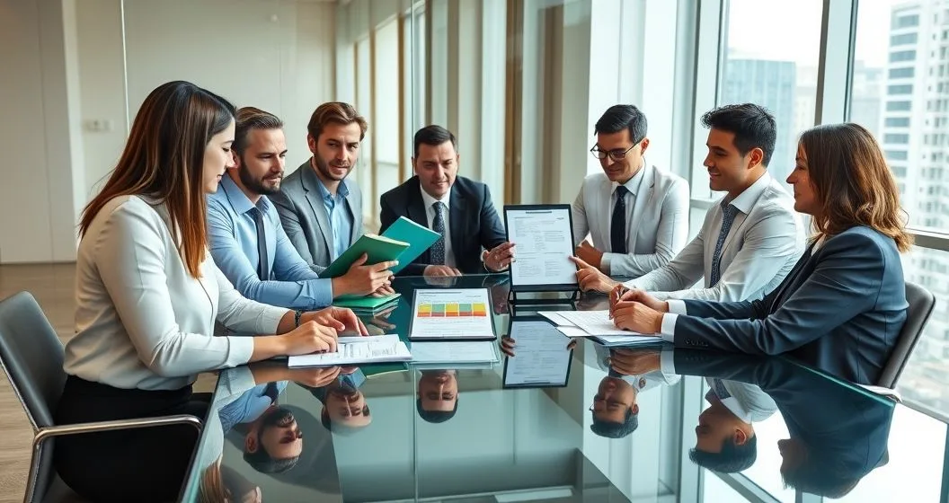 Lenders and a real estate lawyer around a conference table rearranging color coded folders while referencing a tablet showing a priority diagram