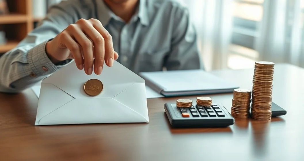 Student at a desk with two loan envelopes left receiving a coin from an official hand and right beside a growing pile of coins and a calculator