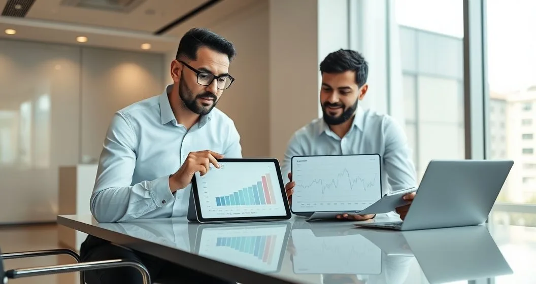 Advisor and client compare a steady bar chart and a fluctuating line chart on a tablet representing fixed and variable loan rates