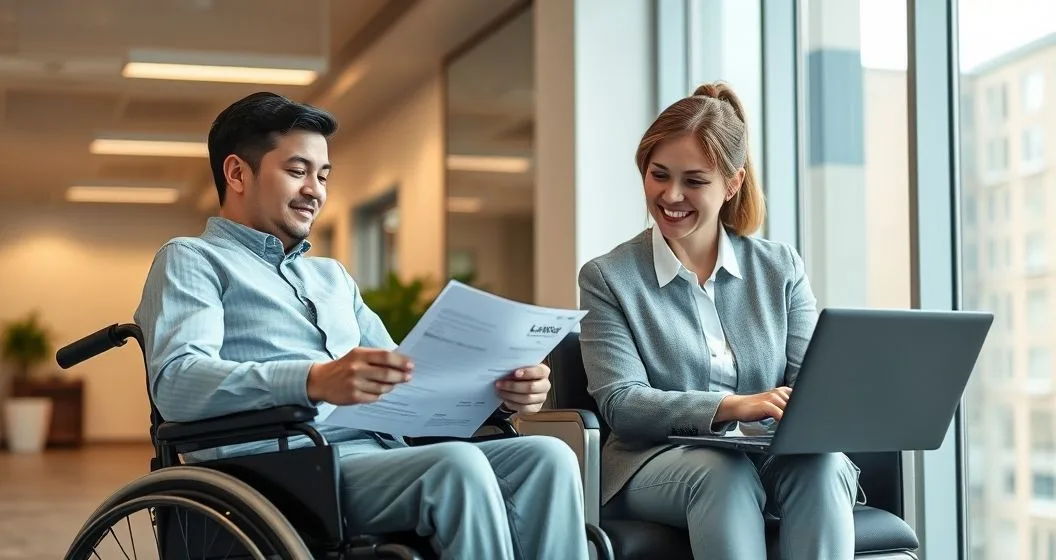 Financial aid counselor guiding a borrower in a wheelchair through a disability based student loan discharge application