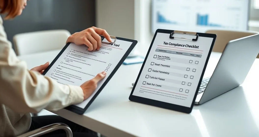 Marketplace manager points to a printed tax compliance checklist on a clipboard while a third party seller takes notes beside a laptop with a blurred dashboard