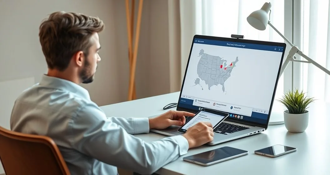 Remote employee video calling with tax advisor and payroll specialist while a US map with multiple state pins is visible on the laptop screen