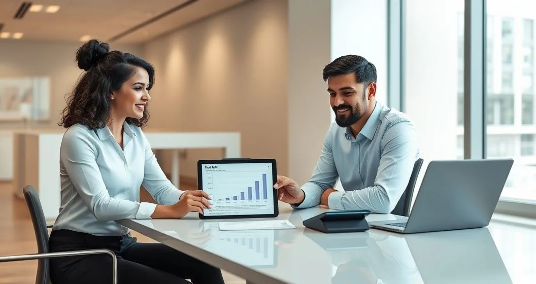 Loan officer and a couple review a tablet showing an affordability chart with a tax document and calculator on a modern conference table