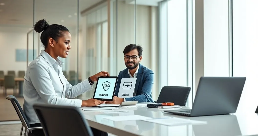 Tax advisor pointing at tablet with three icons for installment plan settlement and currently not collectible while advising a diverse couple in a modern conference room