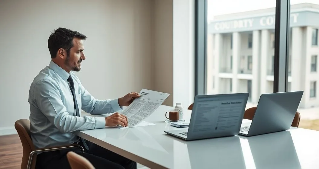 Tax attorney advising a homeowner over lien documents and a laptop showing public records in a modern office