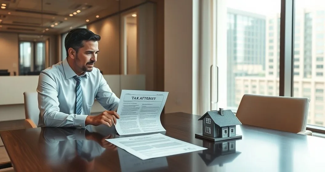 Tax attorney pointing to a Notice of Federal Tax Lien on a desk while a homeowner reviews a release form next to a small house model