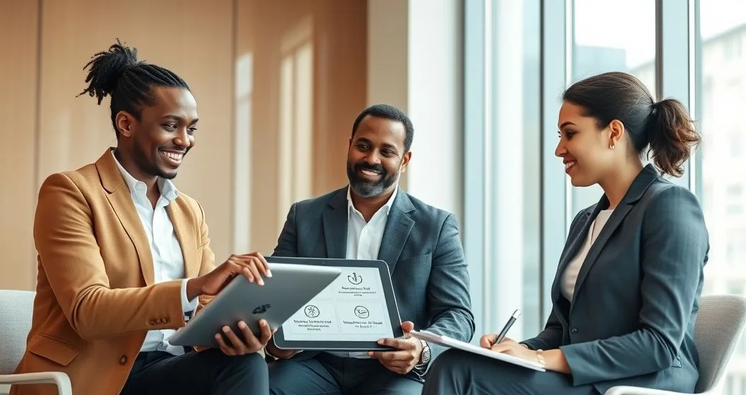 Tax advisor pointing to a tablet with icons while two clients listen in a modern office