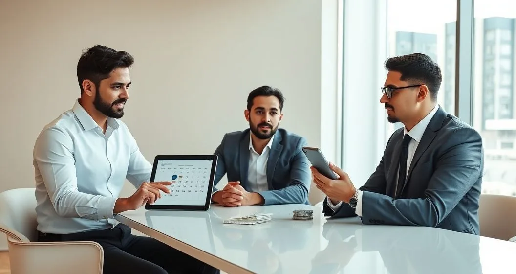 Three professionals at a conference table showing a tablet with a monthly payment calendar and a smartphone with cash to represent a short term loan