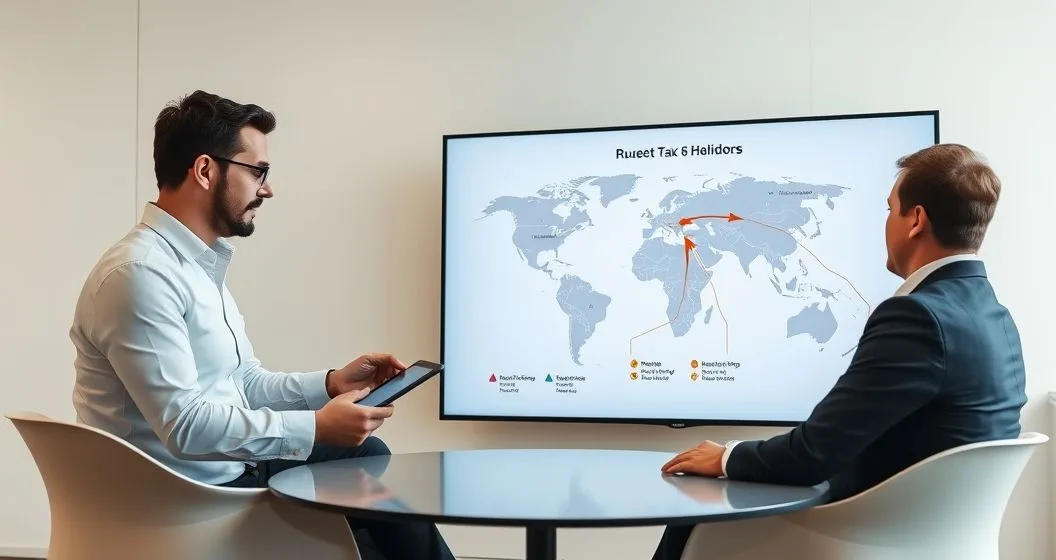 Tax advisor and client reviewing a tablet and a wall display with a world map showing income flow arrows between the United States and another country in a modern office.