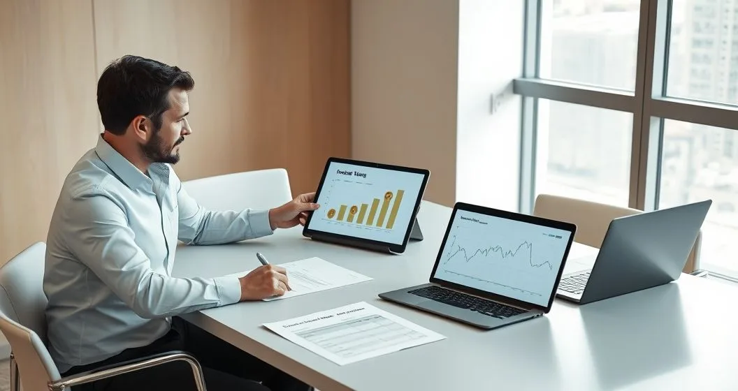 Financial advisor pointing at a tablet showing cryptocurrency tokens and a timeline while a laptop displays a capital gains graph on a clean conference table
