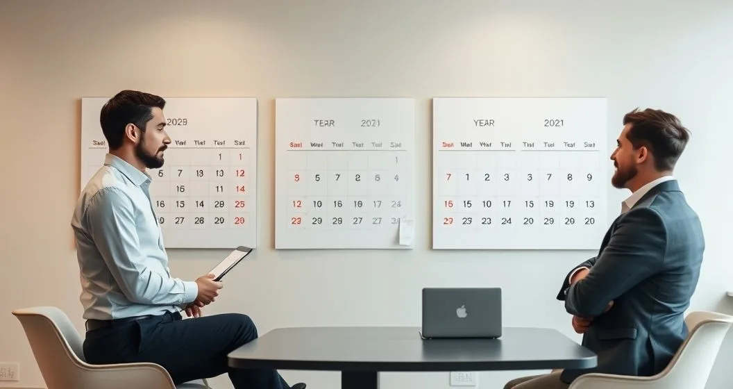 Tax advisor explaining two year end calendars to an individual and a business owner in a clean modern meeting room
