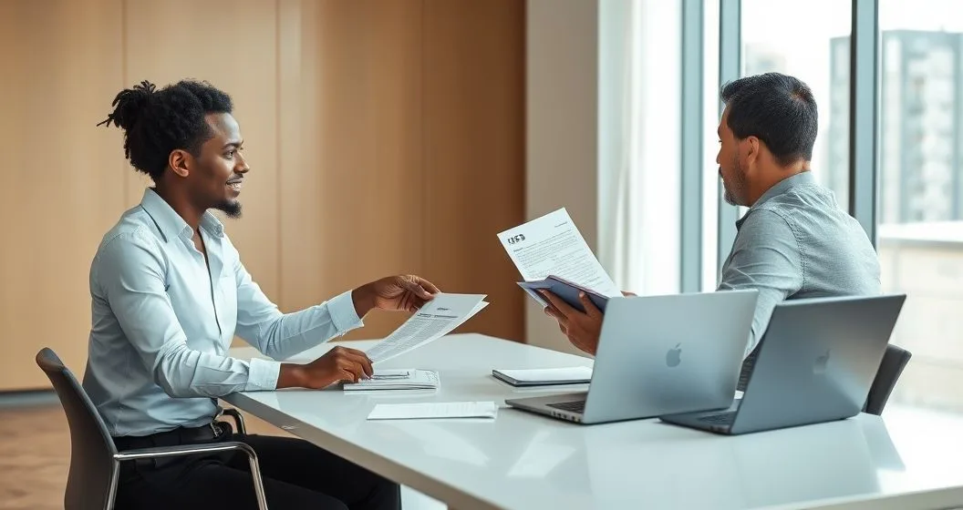 Tax advisor handing an audit packet to a taxpayer at a conference table while an IRS auditor observes, folders and a laptop visible