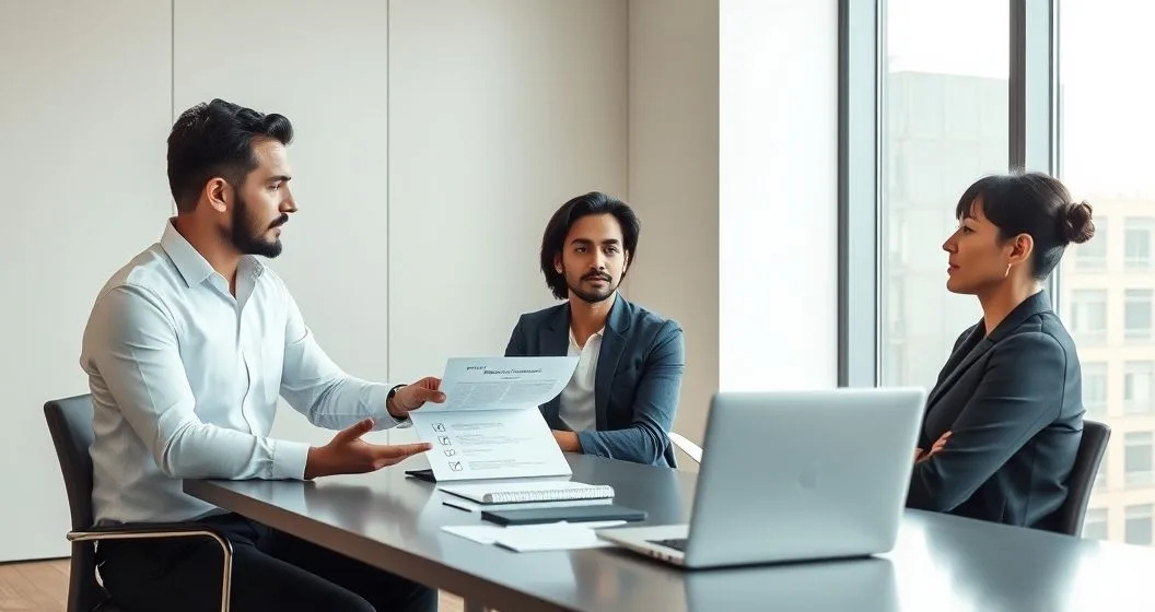 Tax advisor explains a checklist to two clients across a conference table in a modern office.