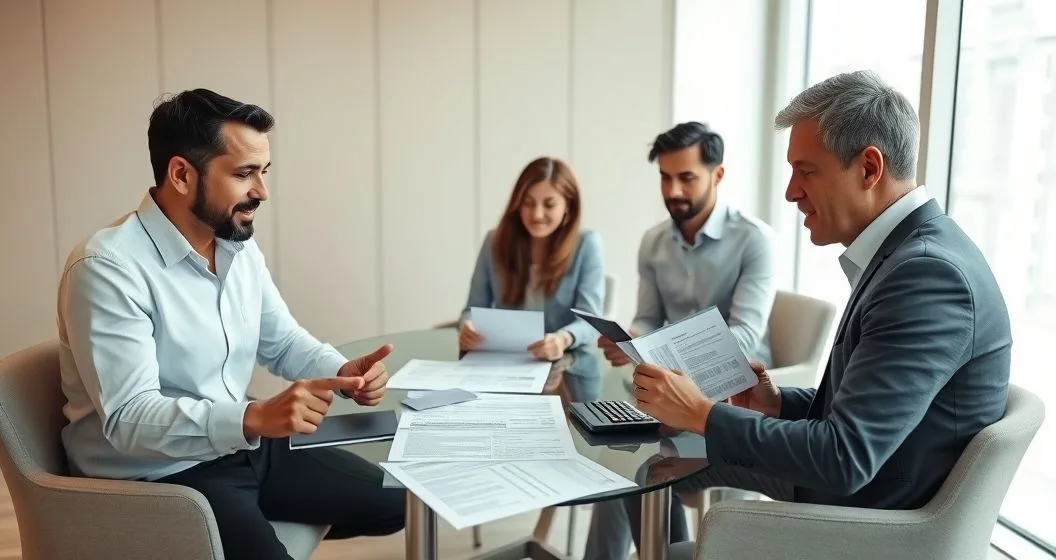 Mortgage advisor and homeowners at a modern conference table reviewing refinancing documents calculator and receipts