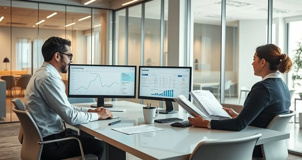 Loan servicing professionals assist a borrower at a conference table in a modern office with dual monitors showing abstract payment dashboards No visible text