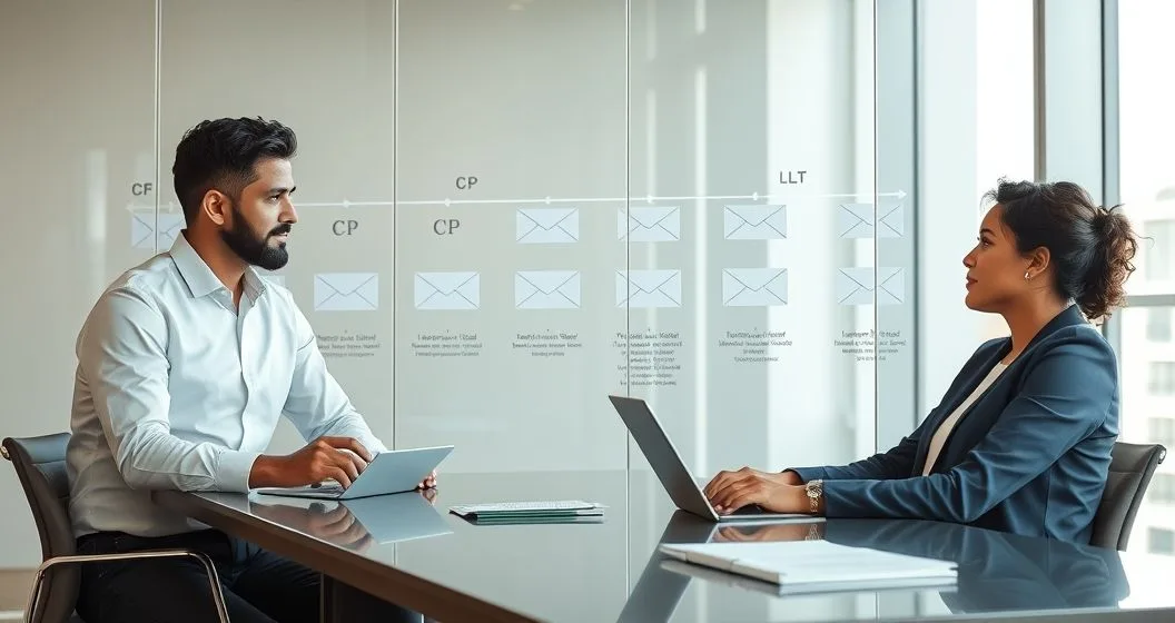 Tax advisor pointing at a glass wall timeline showing envelopes labeled CP and LT while a client listens in a modern conference room