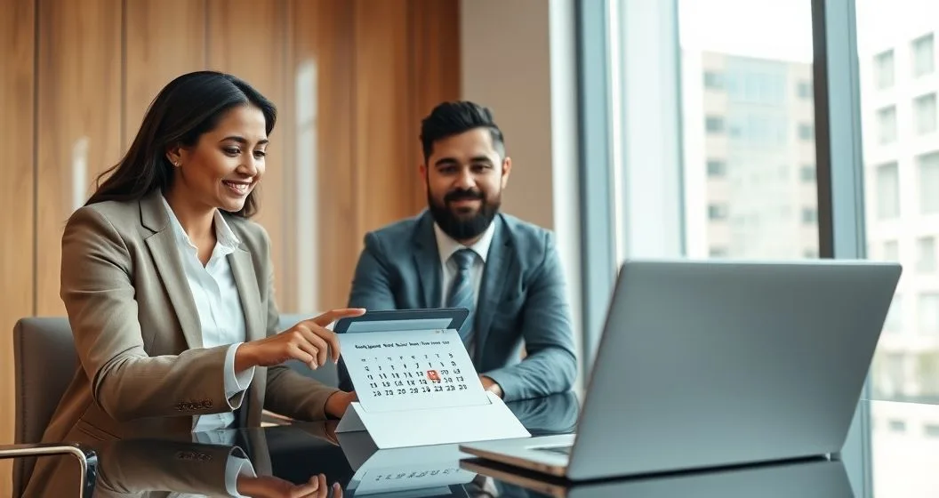 Attorney points at a tablet calendar while a couple listens, with a tax envelope and a blurred bank deposit visible on a laptop
