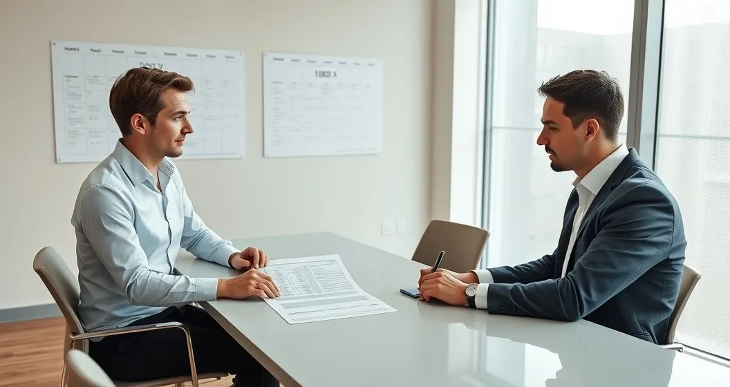 Tax advisor points to calendar while reviewing an amended tax form with a client at a minimalist conference table