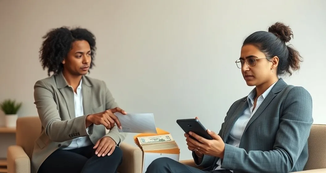 Financial counselor advising a worried borrower over small dollar loan envelopes and a smartphone calculator in a modern office