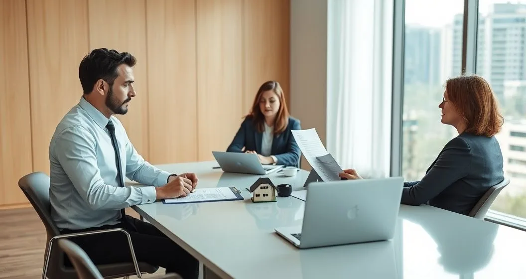 Attorney and title officer handing a sealed corrected deed and checklist to a buyer and agent in a modern conference room with a house model on the table