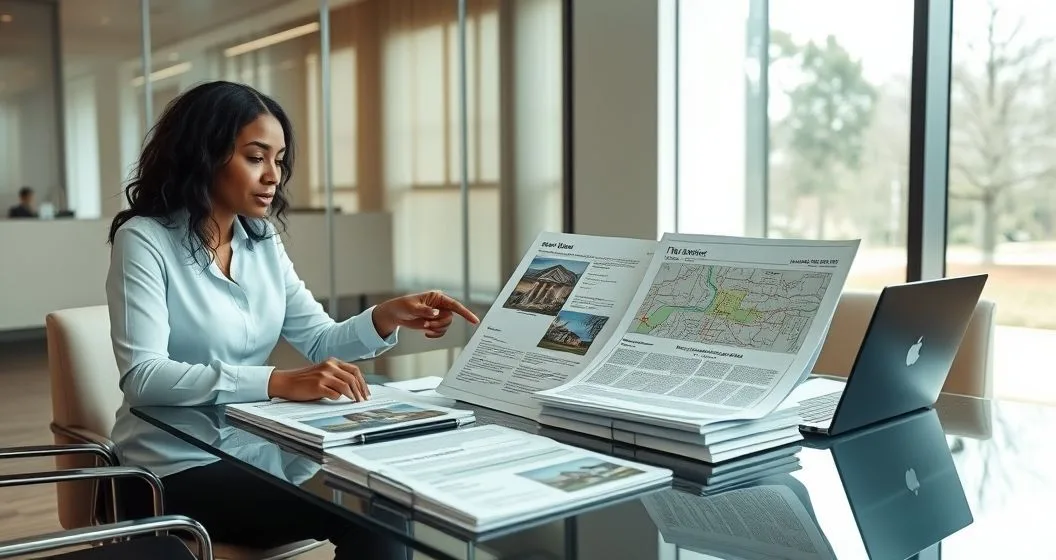 Two professionals examining title documents and a parcel map on a laptop with highlighted risk icons indicating liens easements and ownership issues