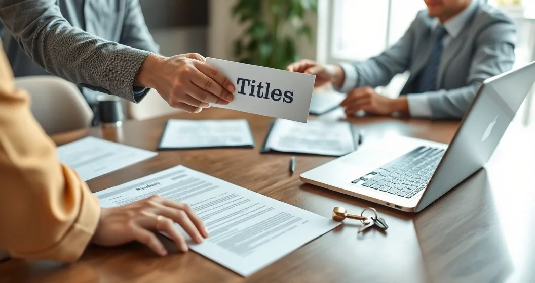 Agent hands a policy folder to a buyer at a closing table while a lender reviews loan documents and keys and deed sit on the table