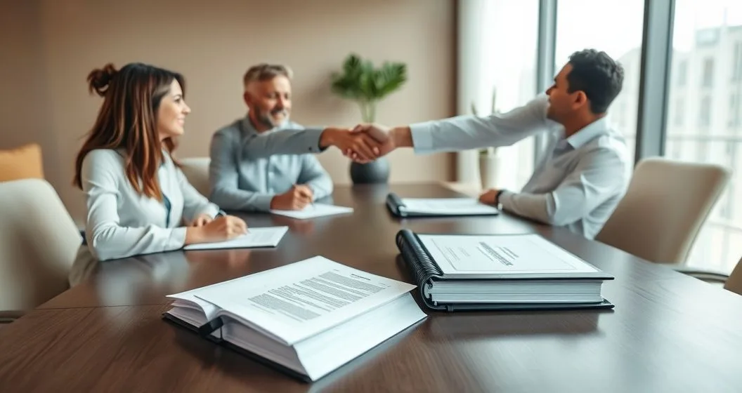 Title insurance binder and deed on a conference table as diverse homeowners sign closing papers and a title officer hands the policy to a lender