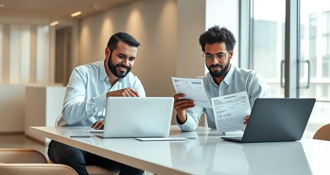 Tax advisor and client reviewing laptop and tablet with bank documents at a modern office table to trace a missing refund