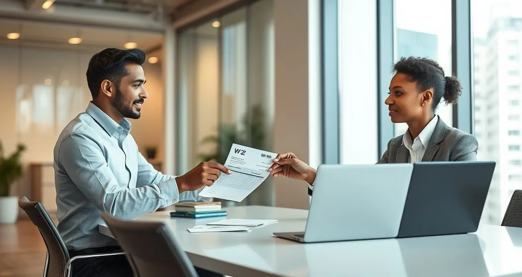 Employee and HR manager exchange a W-2 at a modern office table while reviewing payroll on a laptop