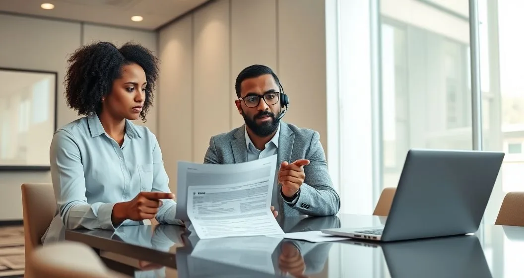 Tax professional on headset and client reviewing a printed Form 1040X and a laptop refund tracker in a modern office