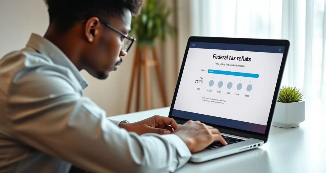 Person at a minimalist desk viewing a refund progress timeline on a laptop and a phone