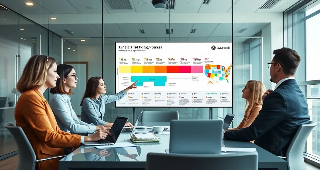 Diverse tax professionals around a conference table pointing at a large screen showing a color coded timeline and US state map highlighting new tax law effective dates.