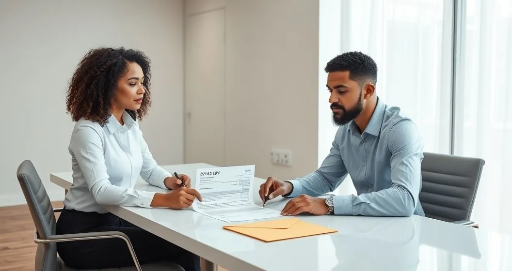 Tax advisor and client reviewing Form 3911 and a paper refund check at a conference table as they sign a trace request