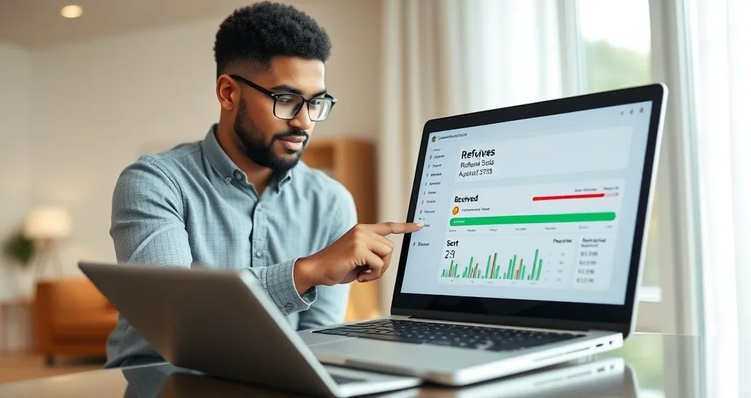Tax advisor and client viewing a laptop with a color coded dashboard labeled Received Approved Sent and a flagged hold indicator