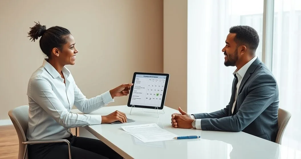 Financial counselor and client reviewing a tablet that contrasts a messy stack of cash with a structured monthly calendar representing move from payday loans to installment payments
