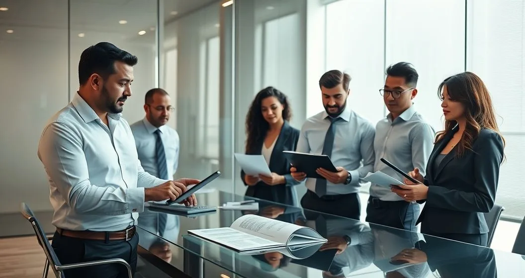 Tax attorney advising diverse employers in a conference room pointing to a tablet showing a highlighted liability graphic as others review payroll records and a calculator